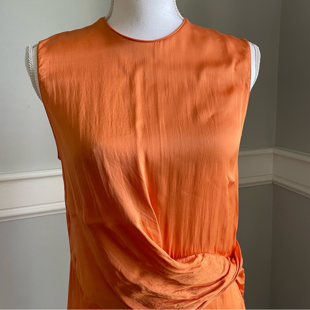MNG Mango Vibrant Orange Asymmetrical Draped Satin Shirt Size M Split Side - Picture 3 of 13